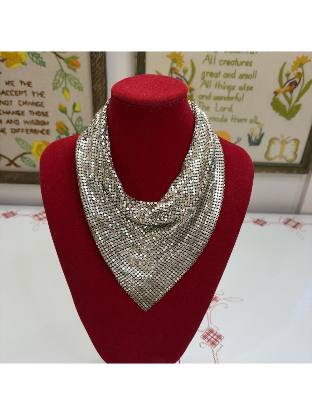 Whiting & Davis Mesh bib necklace silver tone vintage 70s
